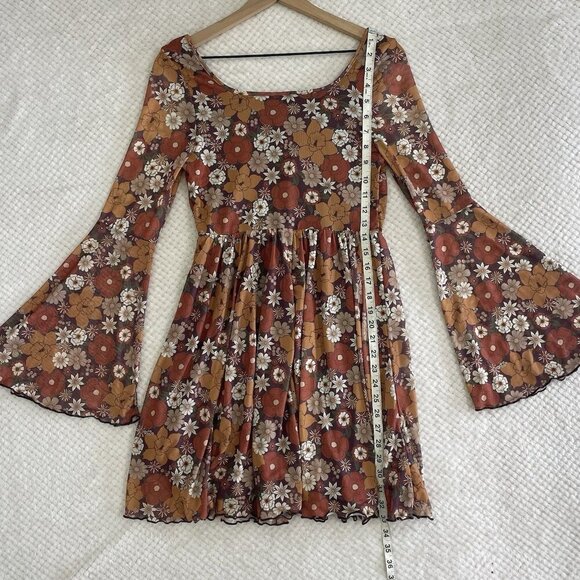 Womens Boho Milkmaid Dress Size M Brown Bell Sleeve Cottagecore Hippie Floral - Picture 14 of 16